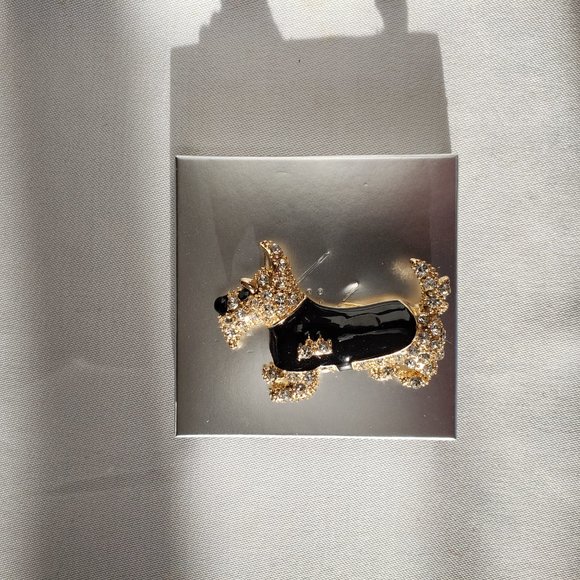 Scottie Dog Brooch.  Scottish Terrier.  Black enamel, diamond simulants on gold - Picture 4 of 12